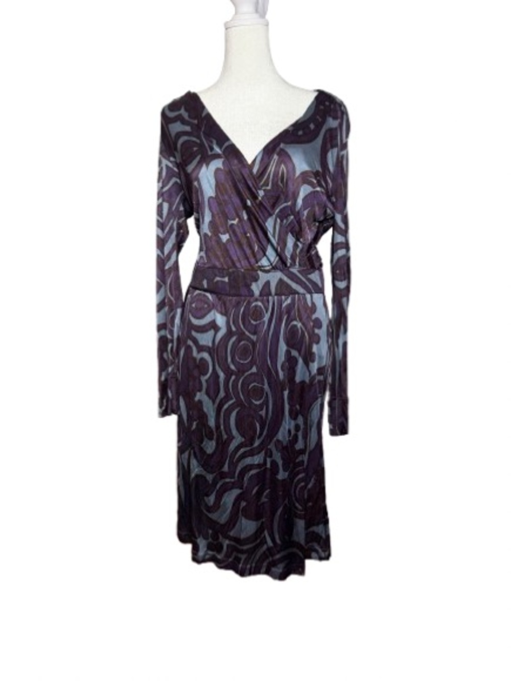 NWT Tara Jarmon Long Sleeve Blue & Purple Geometric Faux Wrap Dress Flaw